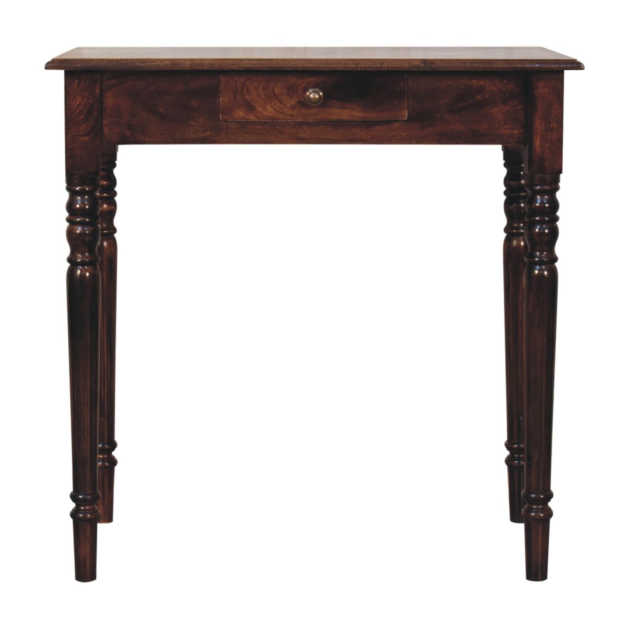 Wooden writing desk with a single drawer on a white background