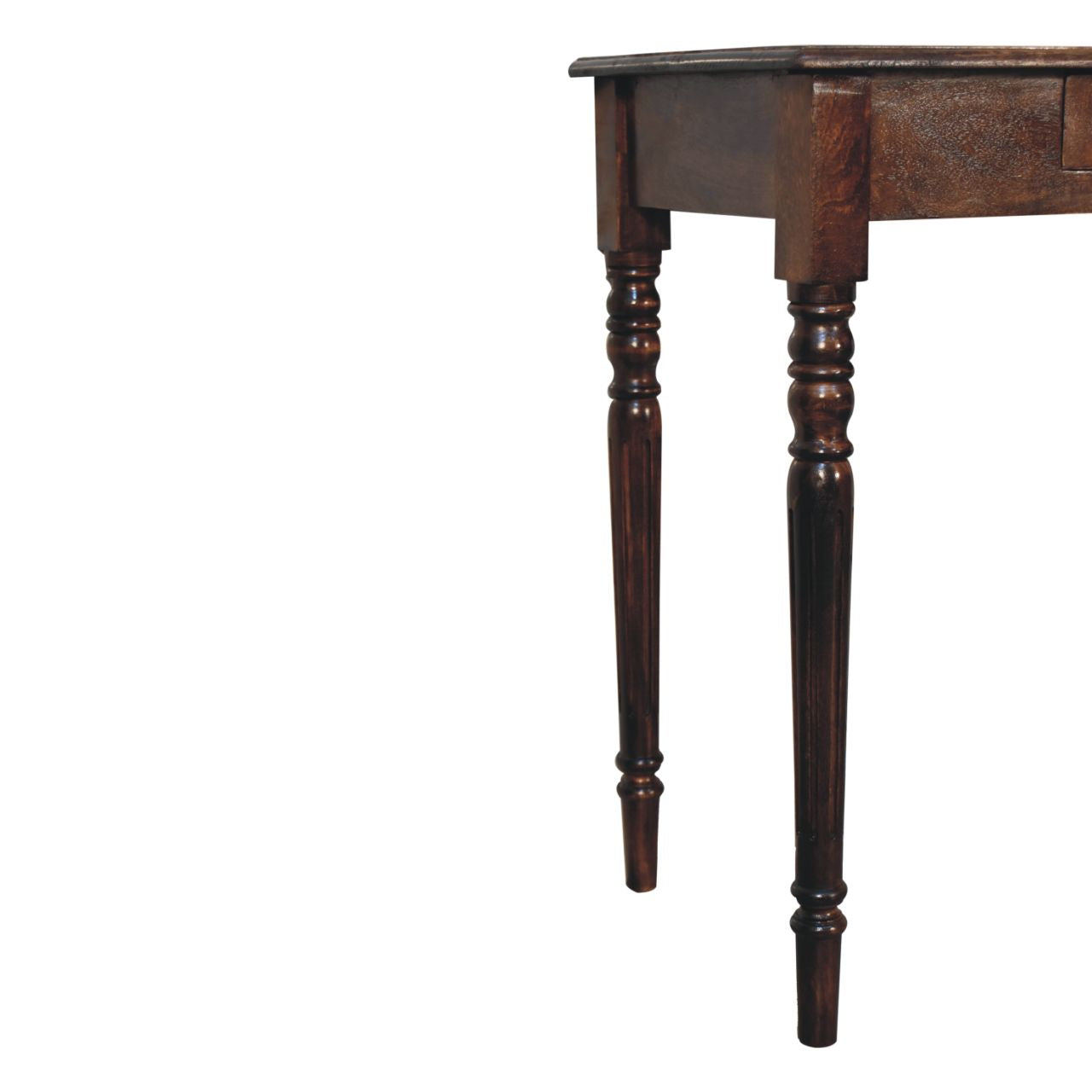 Wooden writing desk with a dark finish on a white background