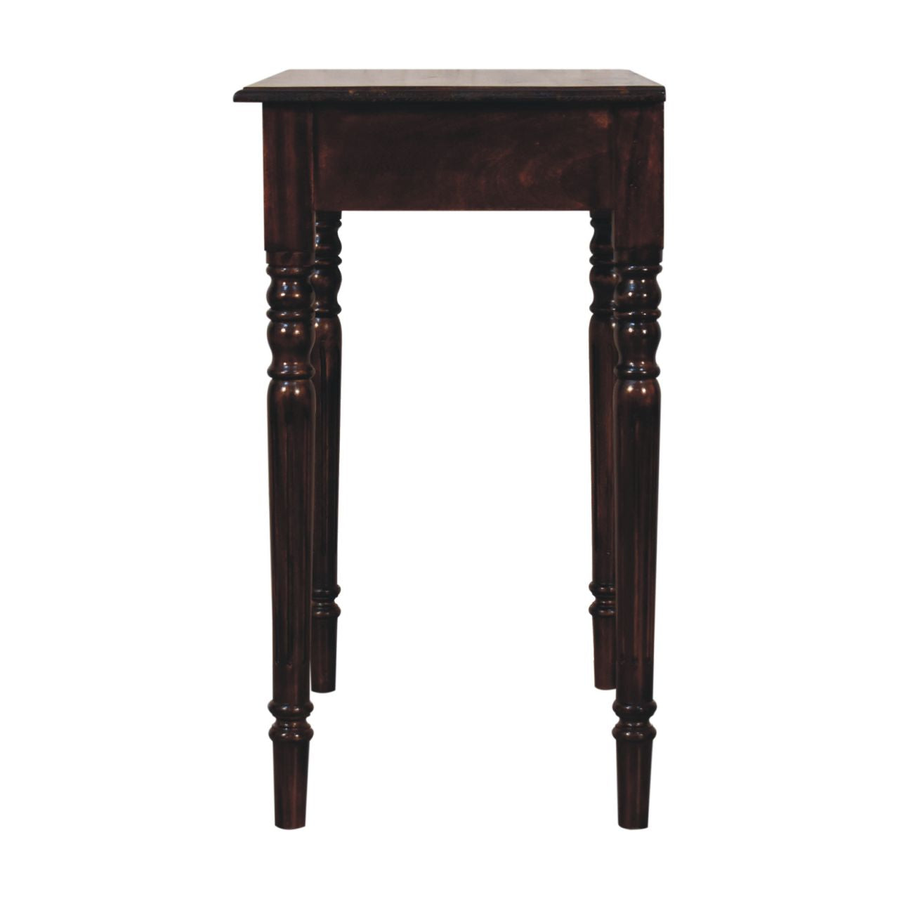 A dark brown wooden writing desk with a rectangular top, a single drawer, and four turned legs, shown against a plain white background.