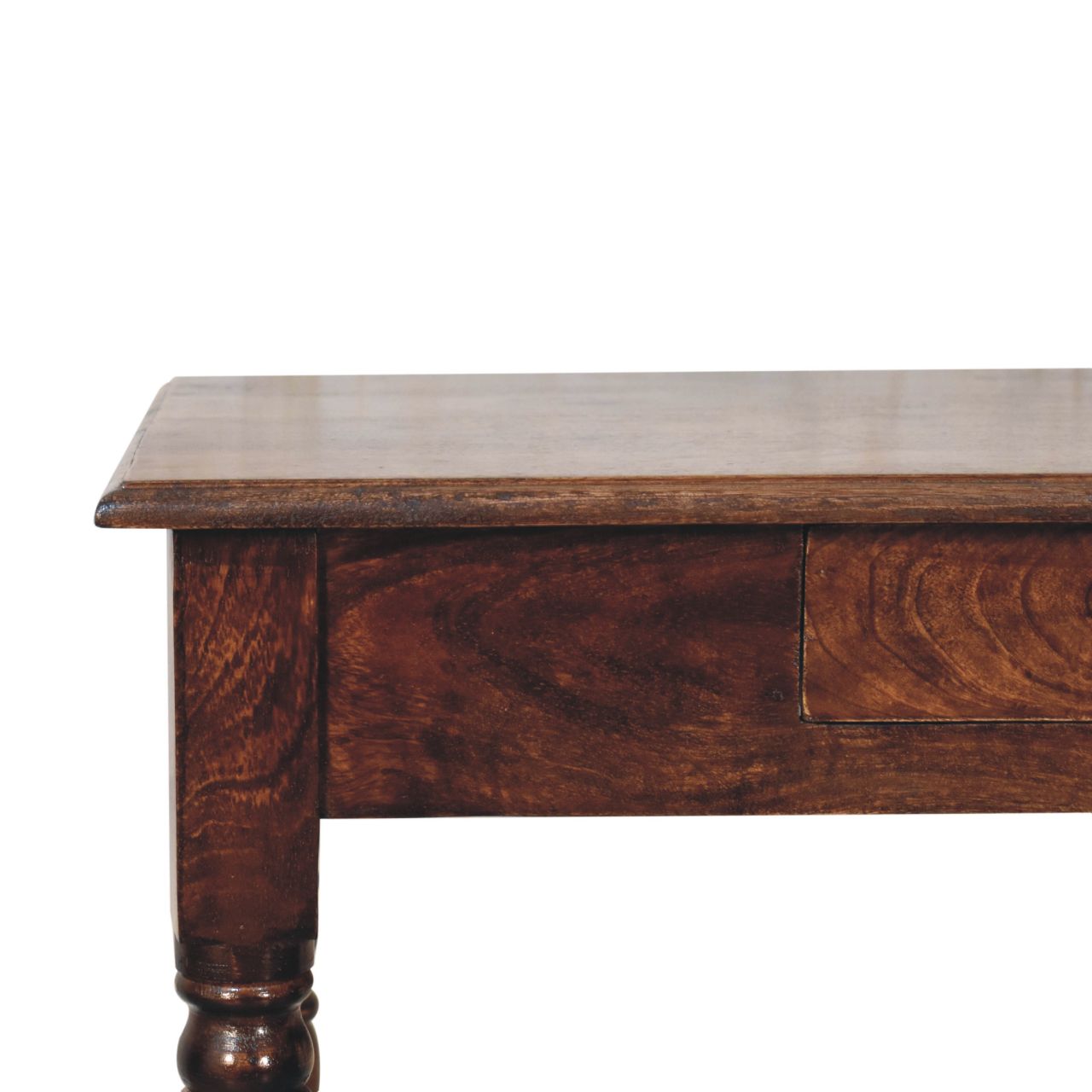 Wooden writing desk with a dark brown finish on a white background