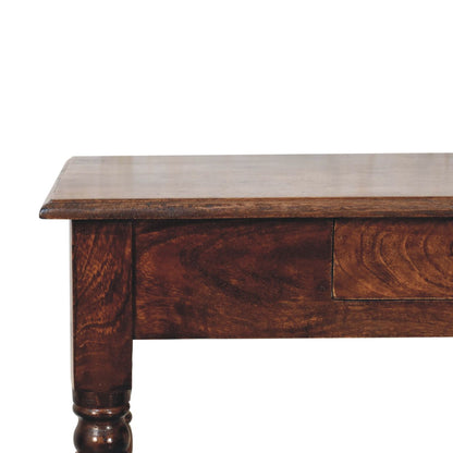 Wooden writing desk with a dark brown finish on a white background