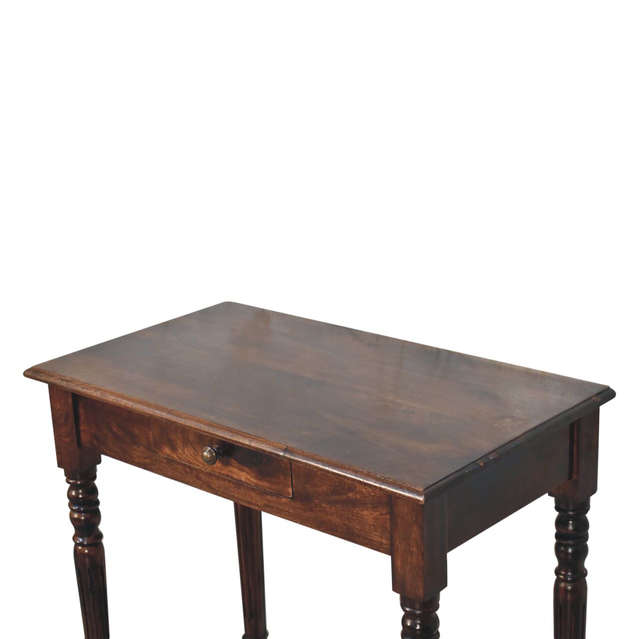 Wooden writing desk with a single drawer on a white background