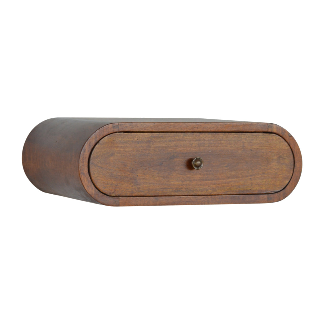 Left angle view of wall mounted round chestnut bedside table