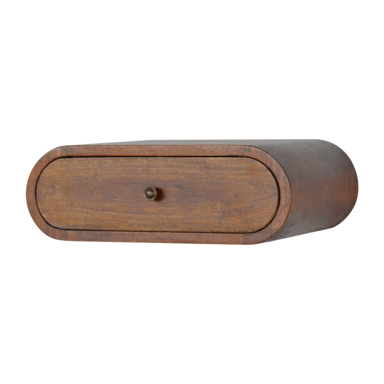 Right angle view of wall mounted round chestnut bedside table
