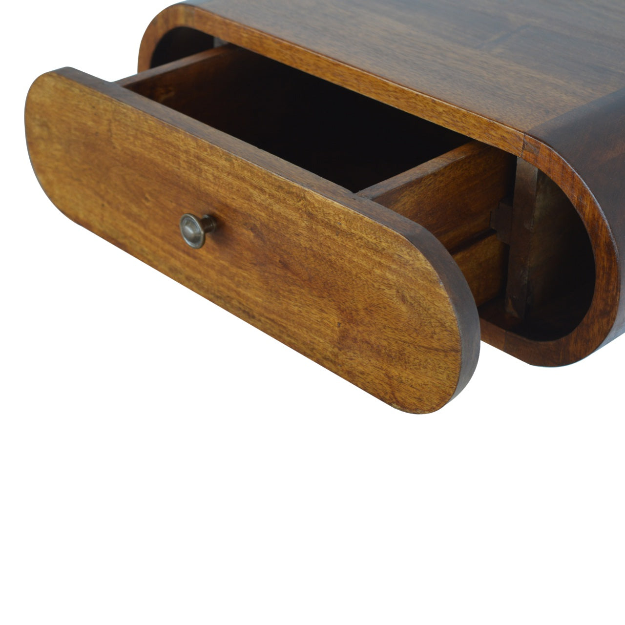 Wall mounted round chestnut bedside table with drawer open showing interior storage