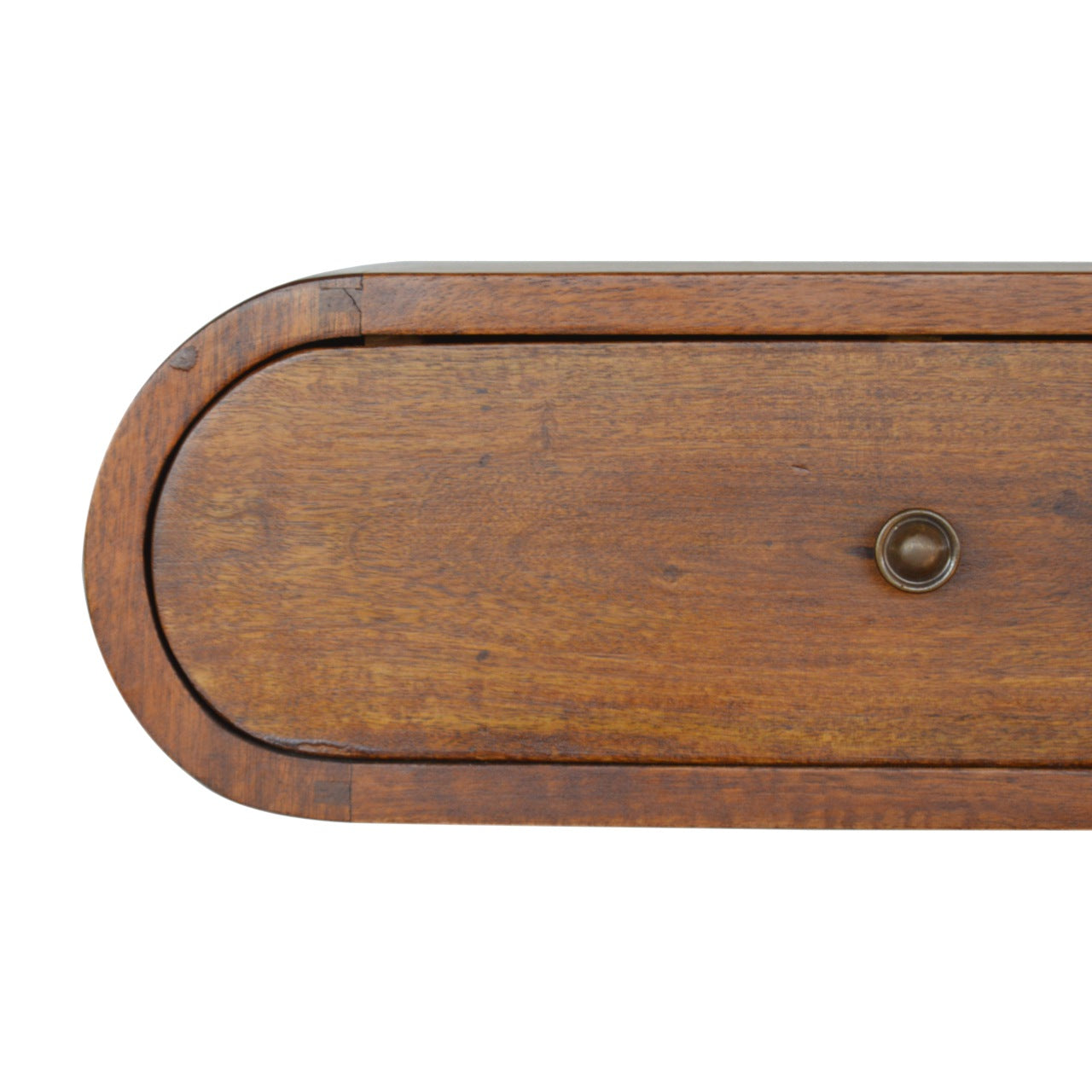 Close front view of wall mounted round chestnut bedside showing drawer and knob detail
