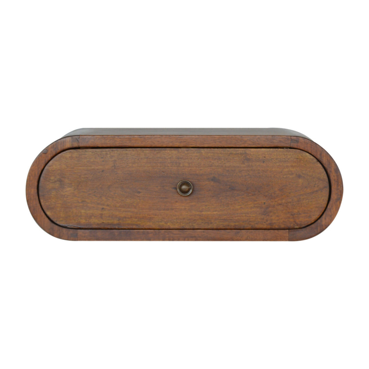 Front view of wall mounted round bedside table in solid mango wood with chestnut finish