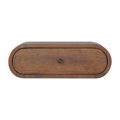 Front view of wall mounted round bedside table in solid mango wood with chestnut finish
