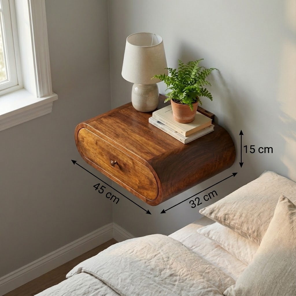 Wall mounted round chestnut bedside table with dimensions: 15 cm height, 45 cm width, 32 cm depth