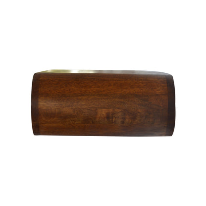 Side view of wall mounted round chestnut bedside table showing depth and profile