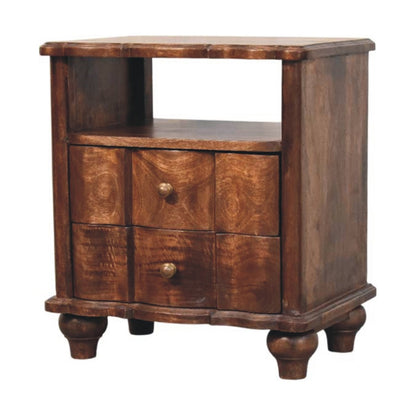Angled right view of a 2-drawer solid mango wood nightstand with an open shelf in roasted almond, showing the sculpted curved drawer panels.