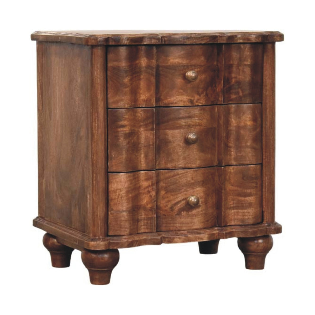 Angled right view of a 3-drawer solid mango wood nightstand in roasted almond, showing the sculpted curved drawer panels.