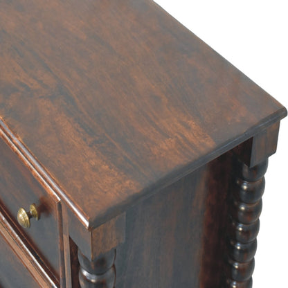 Elevated angled view focusing on the smooth, flat top surface and rich wood grain of the Winewood Oak solid mango wood chest.