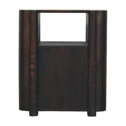 Back view of a velvet mocha solid mango wood bedside table, showing the solid wood back panel and open shelf cut-out.
