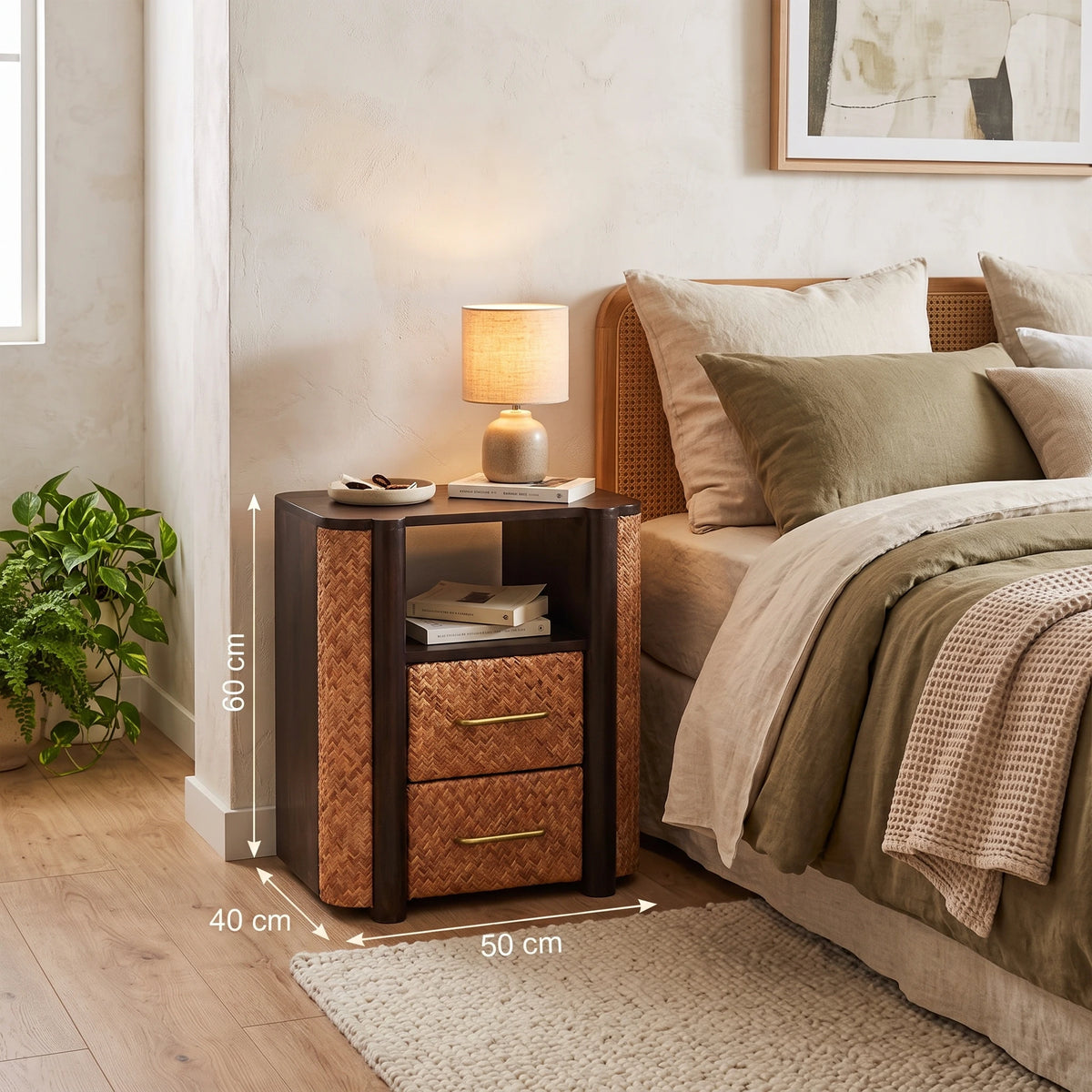 A woven 2-drawer solid mango wood bedside table in a velvet mocha finish, styled in a cozy bedroom setting next to a bed with a rattan headboard, with overlaid dimension lines indicating 60 cm height, 40 cm width, and 50 cm depth.