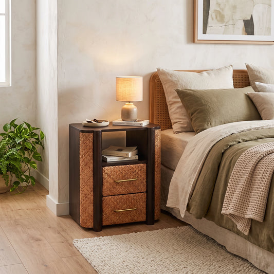 A woven 2-drawer solid mango wood bedside table in a velvet mocha finish, styled in a cozy bedroom setting next to a bed with a rattan headboard.