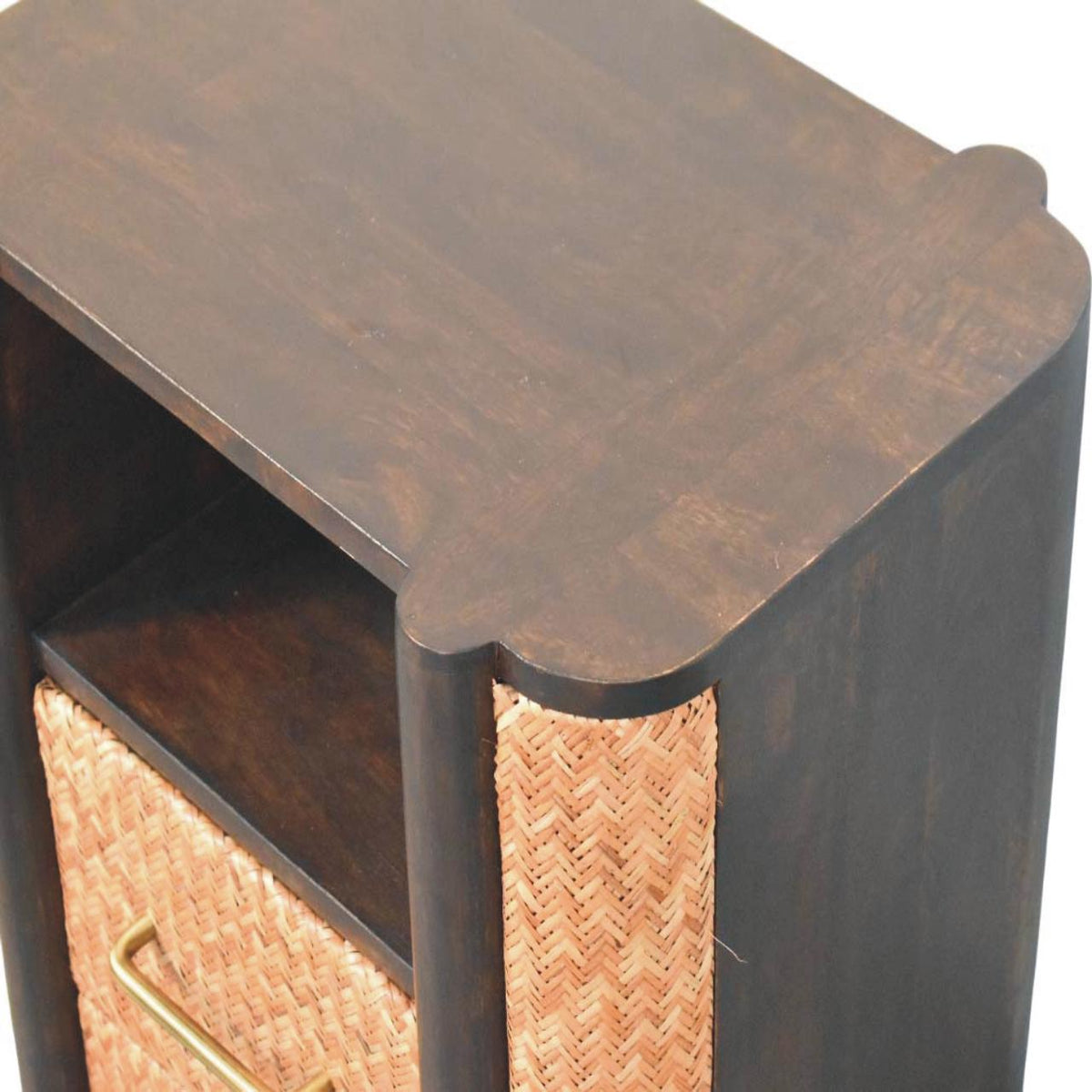 Elevated angled view showing the smooth dark wood top surface and curved edges of a velvet mocha woven bedside table.