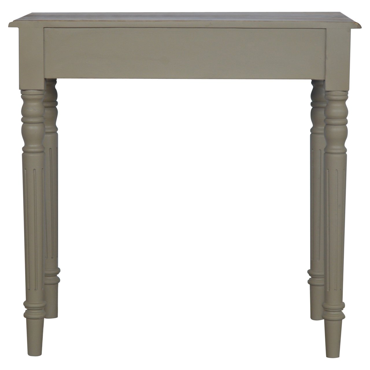 Back view of writing desk, solid mango wood in French grey and oak