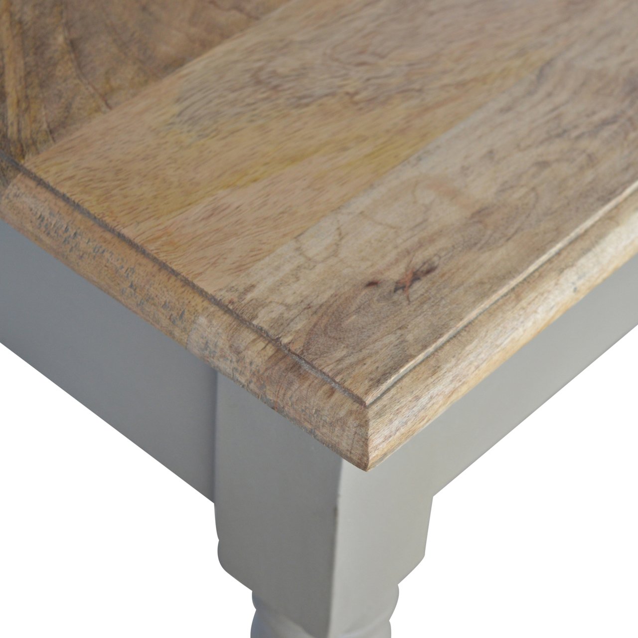 Close-up of hand-painted French grey base and oak top, solid mango wood writing desk
