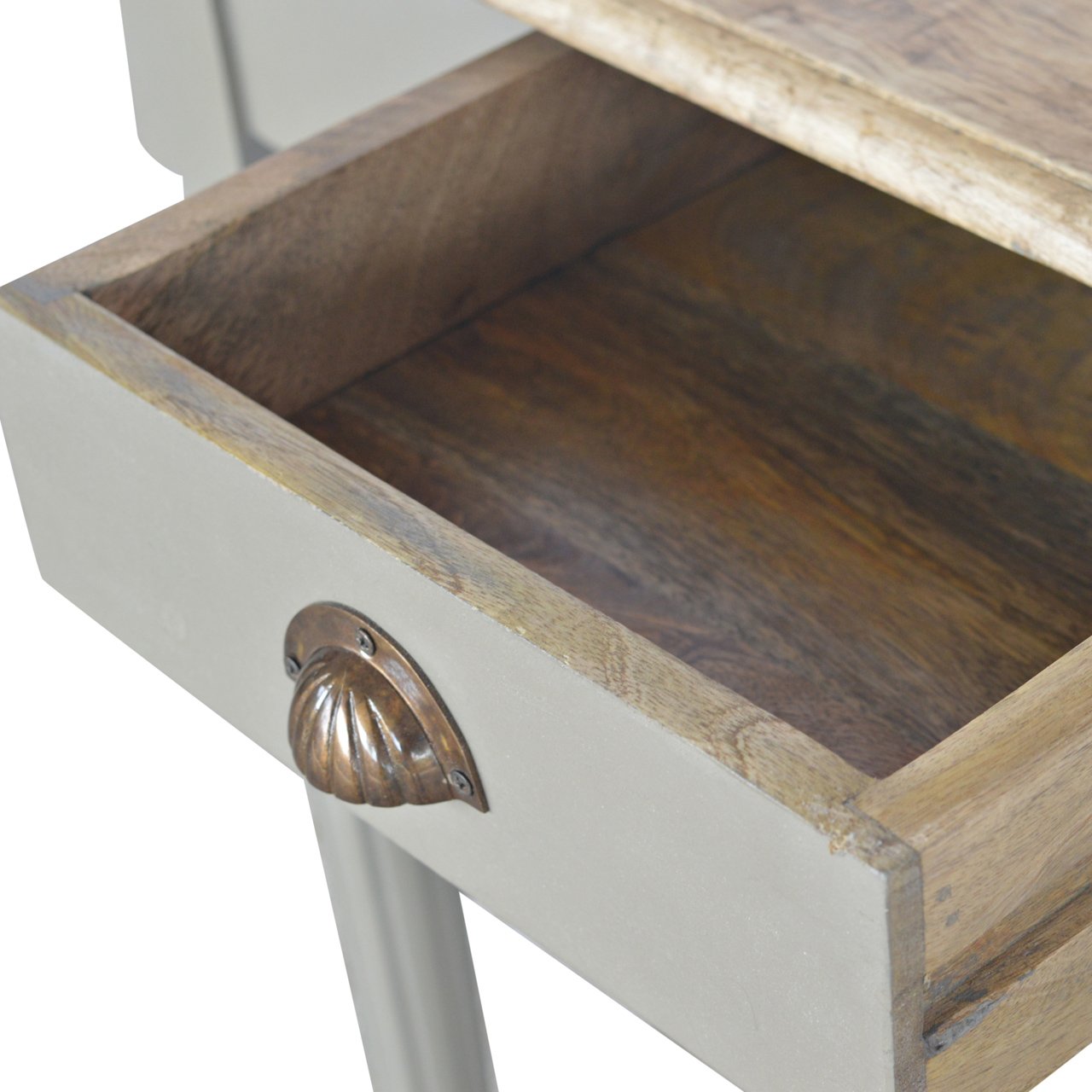 Writing desk with drawer open, solid mango wood in French grey and oak