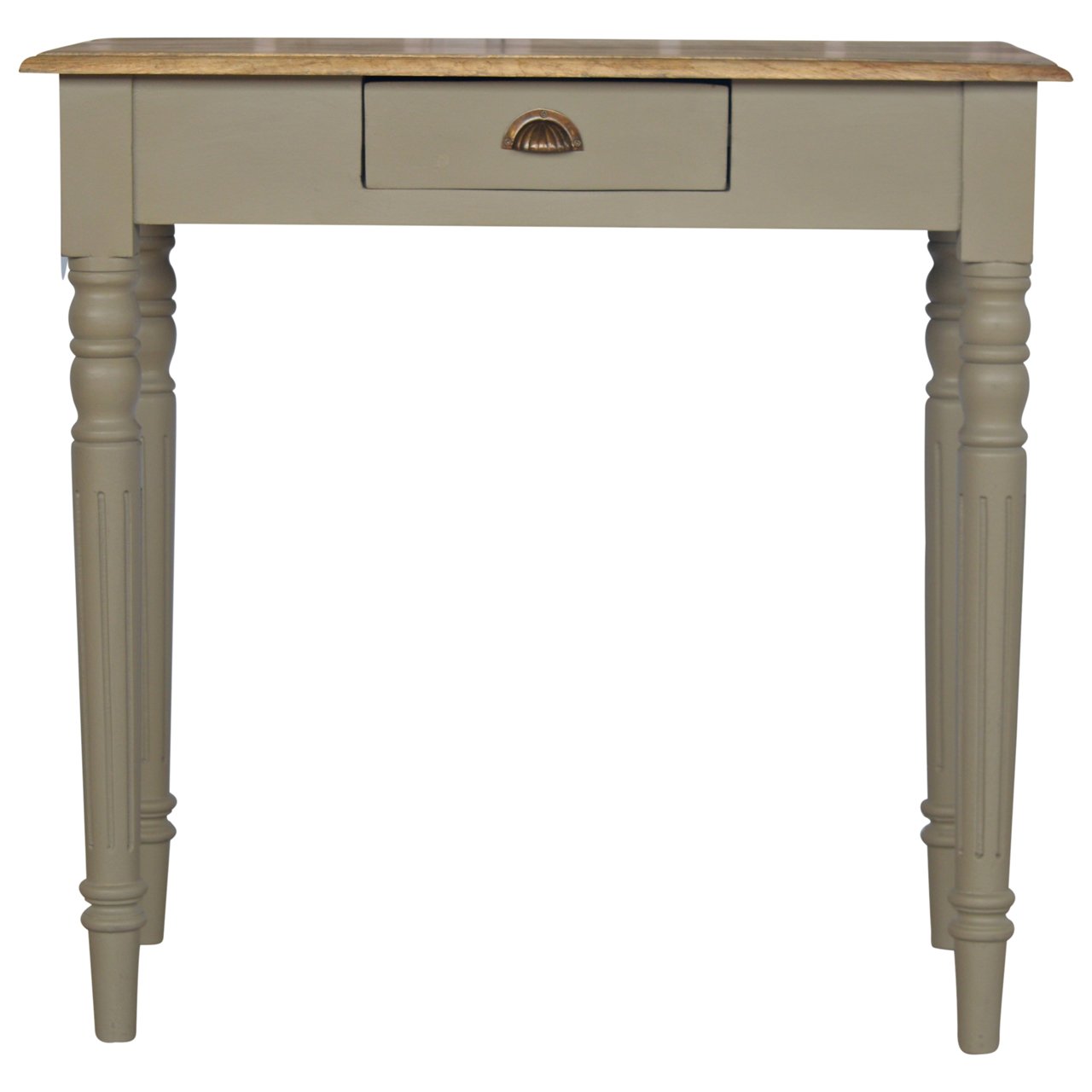 Hand-painted writing desk in French grey and oak, solid mango wood, front view