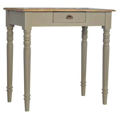 Writing desk in French grey and oak, solid mango wood, left side view