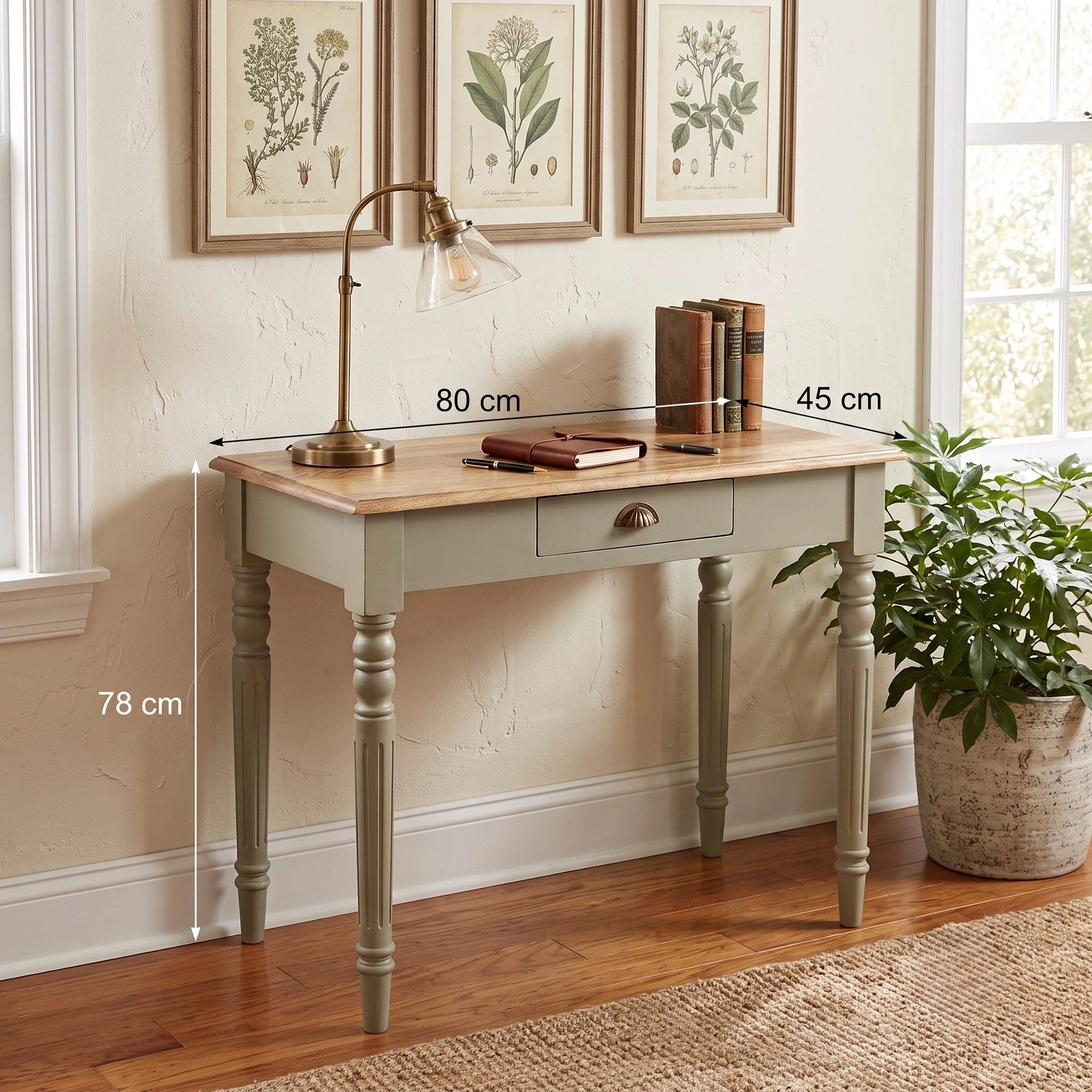 Writing desk with dimensions overlay, solid mango wood in French grey and oak