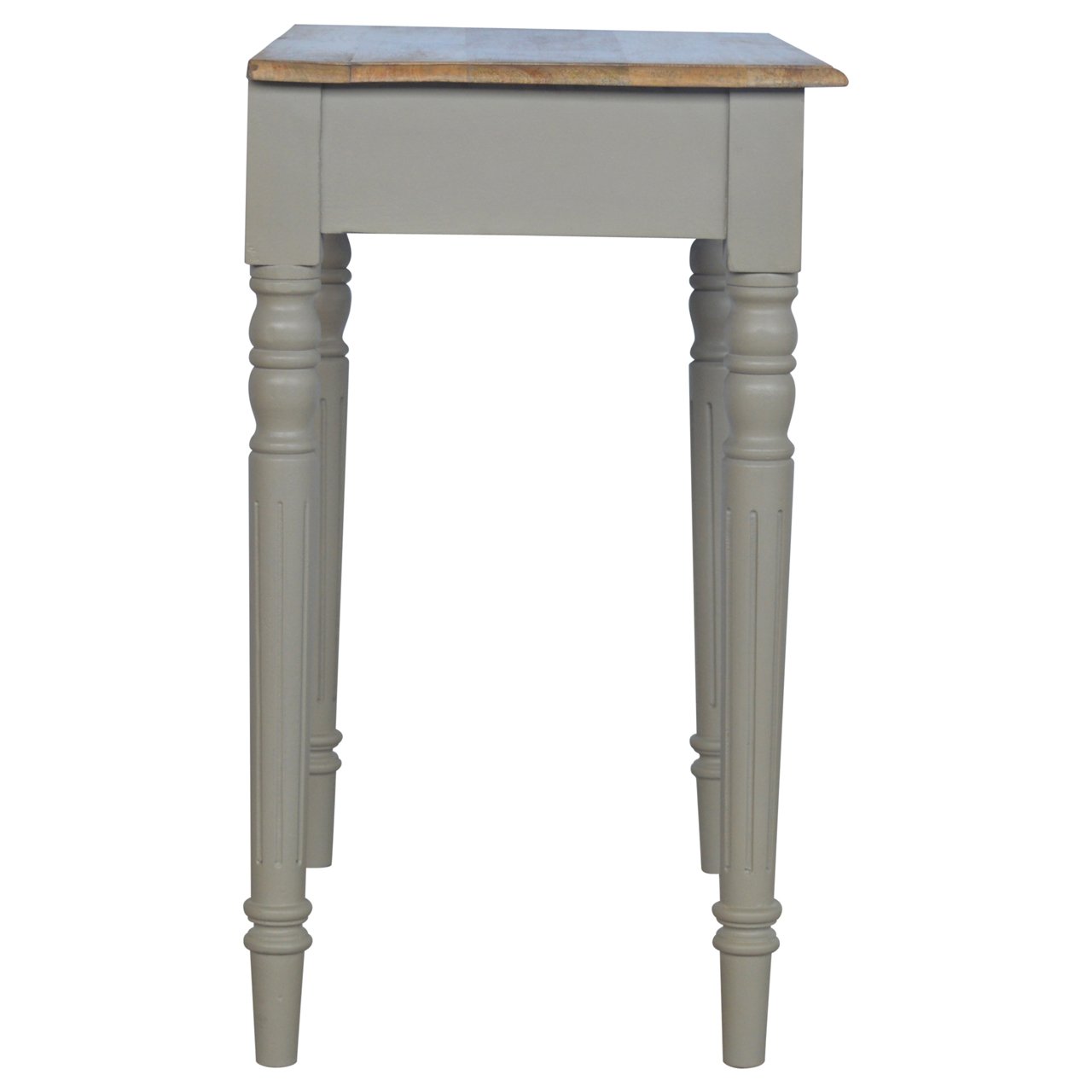 Side profile of writing desk, solid mango wood in French grey and oak