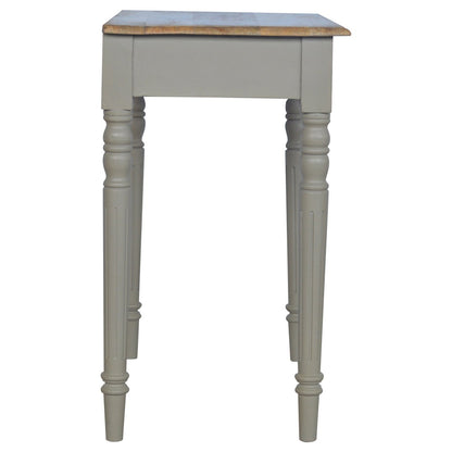 Side profile of writing desk, solid mango wood in French grey and oak