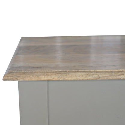 Upper left angle of writing desk, hand-carved fluted legs in solid mango wood